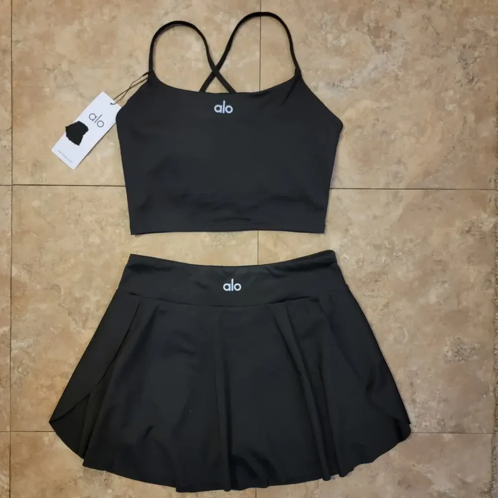 Alo Yoga L Skirt Set Sport Bra Black Activewear Athleisure Pickleball Tennis New